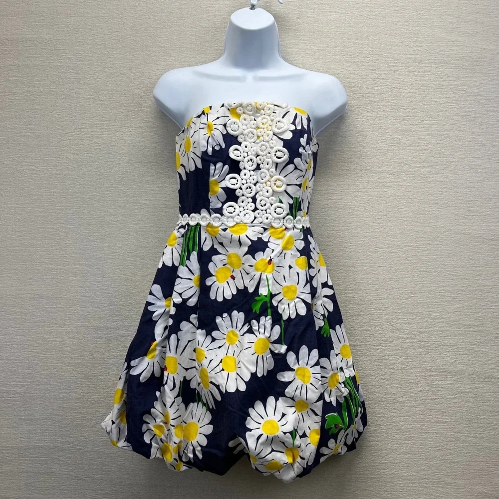 Lilly Pulitzer Original Look Lady Navy Daisy Strapless Ladybug Bubble Dress Sz 2